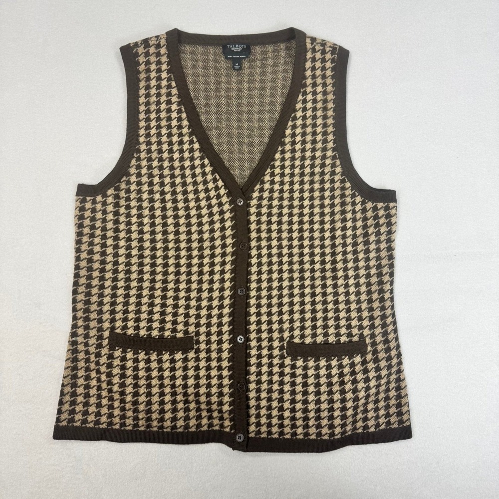 Talbots Petites Brown Houndstooth Italian Merino Wool Button Front Vest Medium